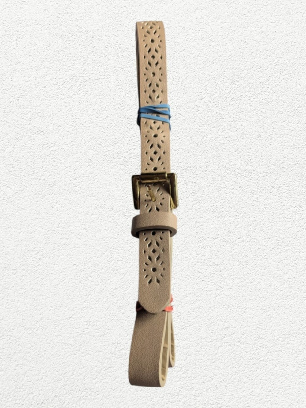 Women's Beige Laser-Cut Leather Belt with Brass Buckle